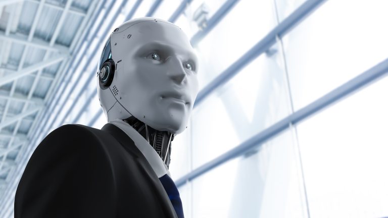 Robotic businessman wearing suit in an office