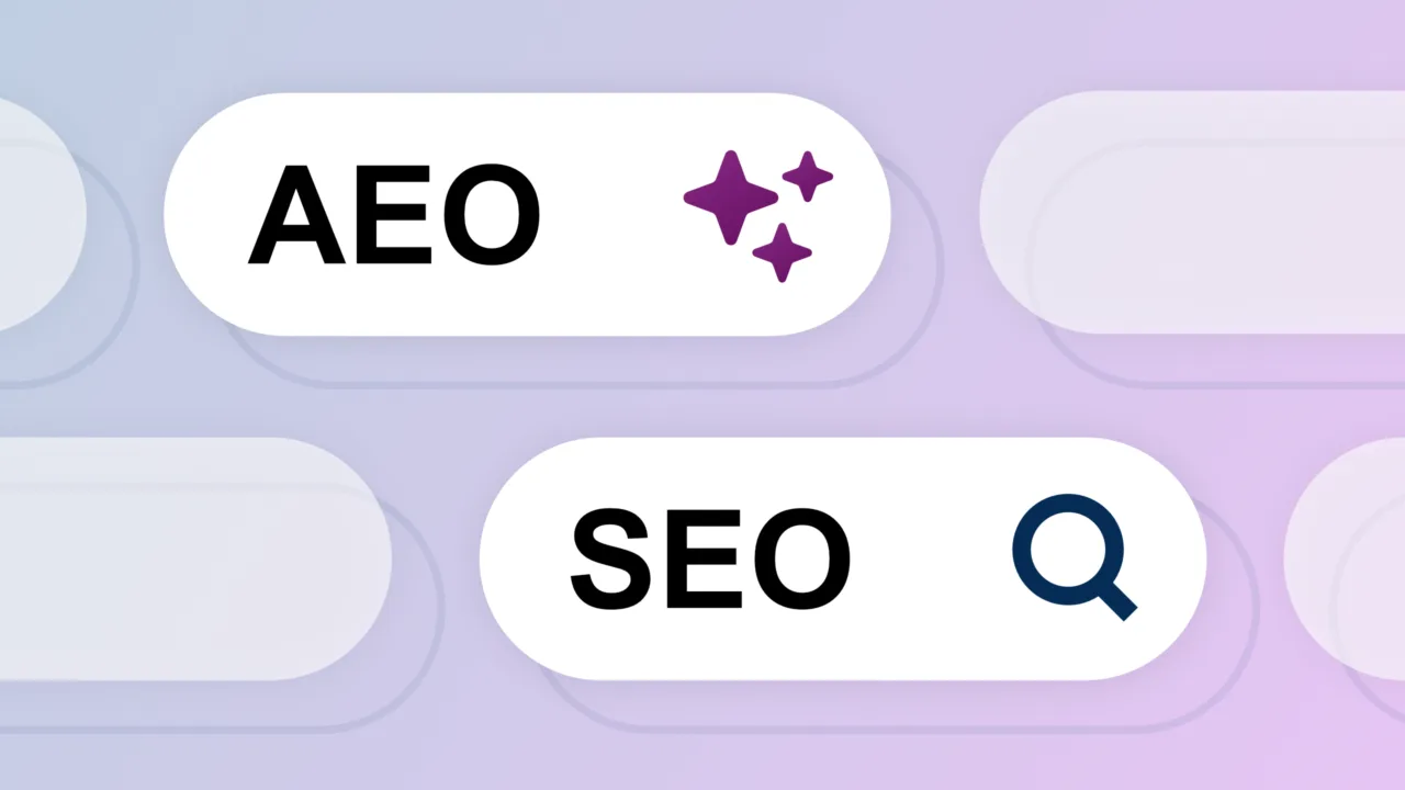 An AI search bar saying AEO and a traditional search bar saying SEO