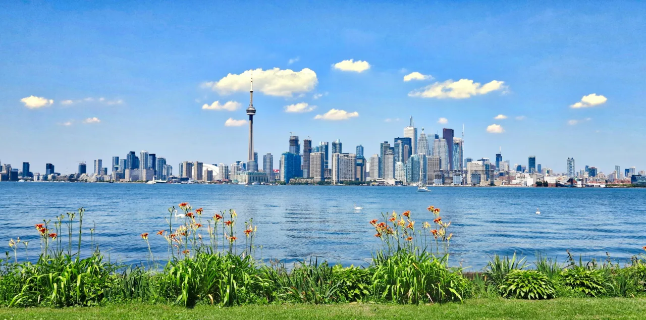 View of Toronto skyline with lake and flowers in the foreground