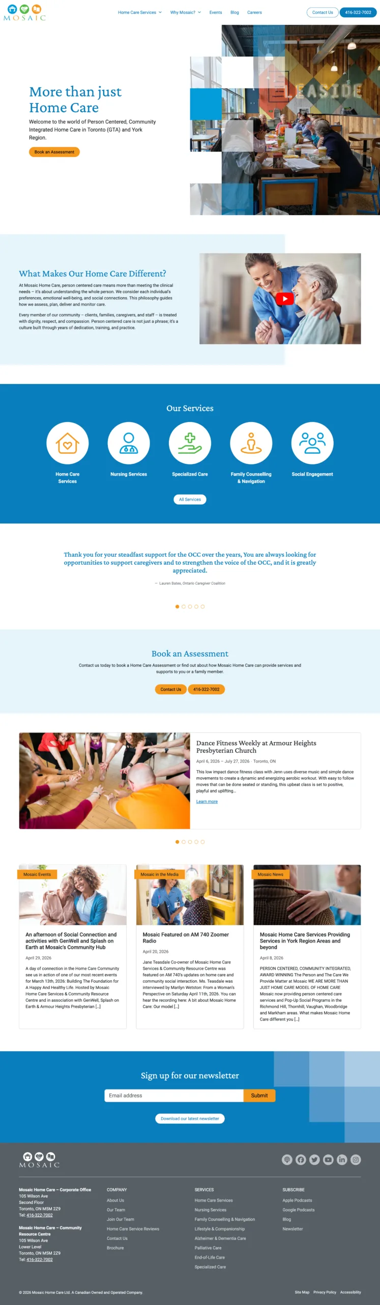 Mosaic Home Care home page layout