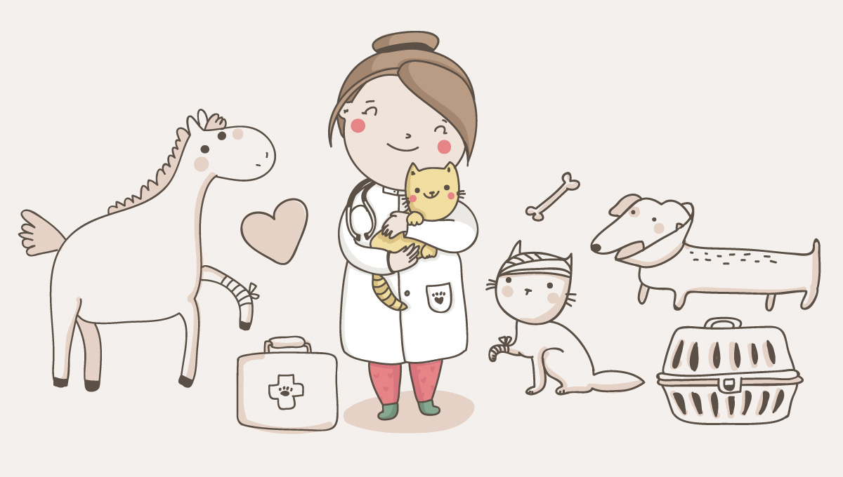 Illustration of vet caring for pets