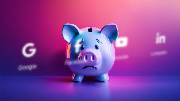 Piggy bank with a sad expression overlaid with social media icons