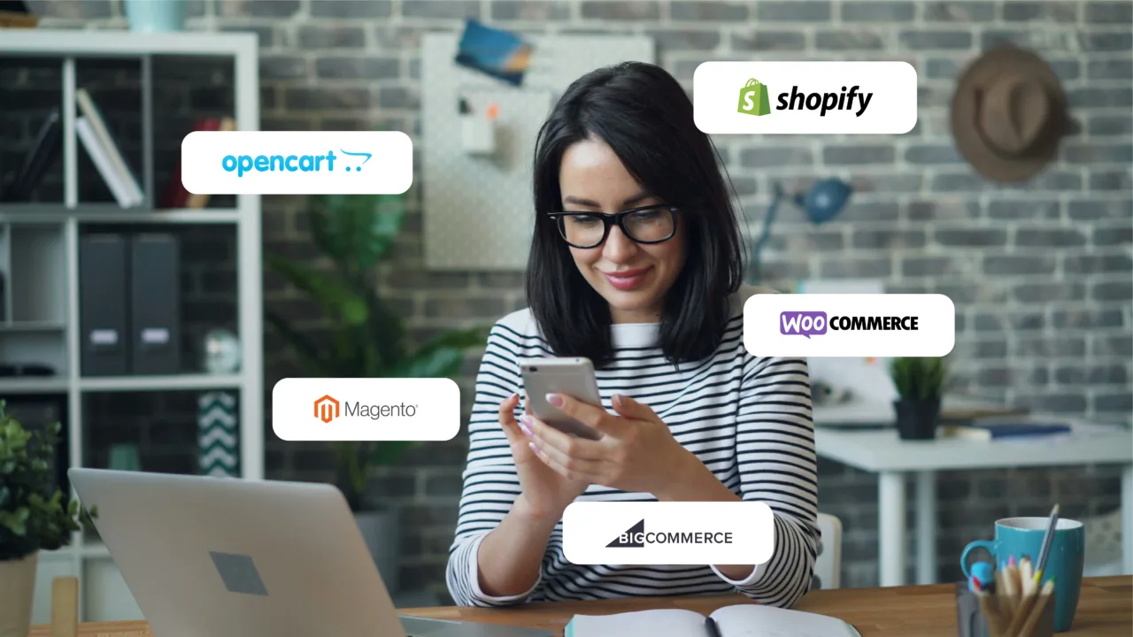 Woman looking at her phone with ecommerce platform logos around her