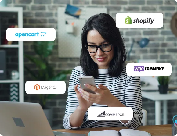 Woman looking at her phone with ecommerce platform logos around her