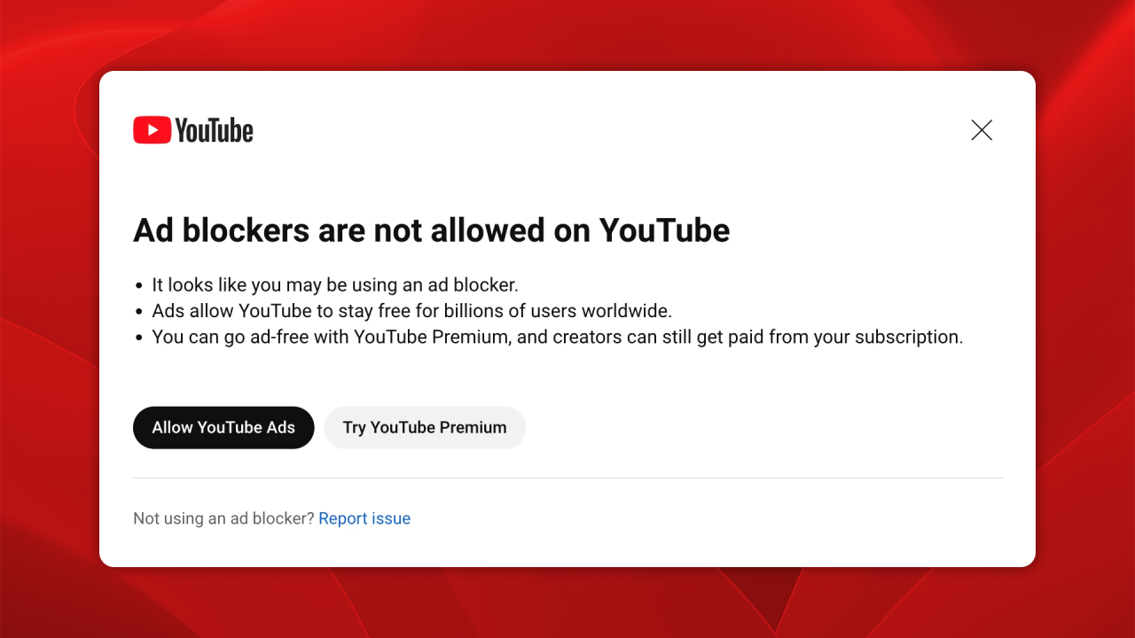 Ad blockers are not allowed on YouTube